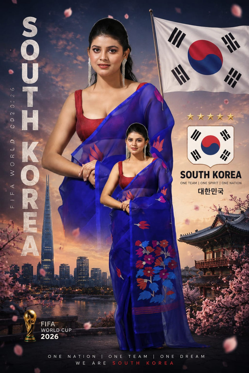 Handwoven Royal Blue Muslin Silk Jamdani Saree with Multicolour Floral Buta Pallu – South Korea Football Fan FIFA World Cup 2026 Collection