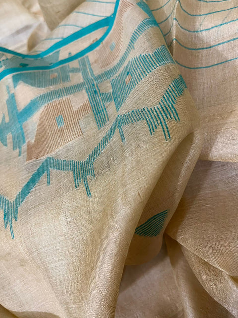 Beige with Firoza colour traditional jamdani saree in Tussar silk