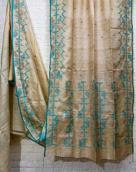 Beige with Firoza colour traditional jamdani saree in Tussar silk