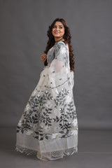 Offwhite with black & white floral muslin silk handwoven jamdani saree - Tamal Boutique