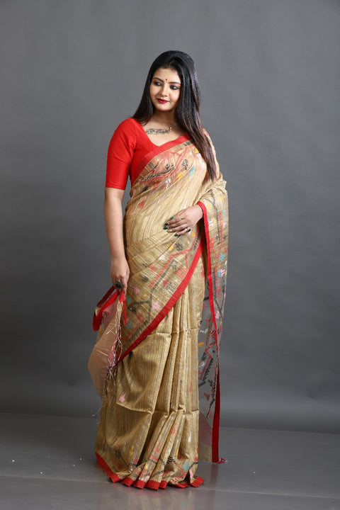 Deep beige with multi colour traditional handwoven matka silk jamdani saree