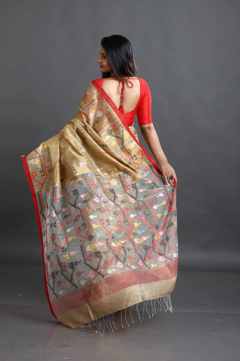 Deep beige with multi colour traditional handwoven matka silk jamdani saree