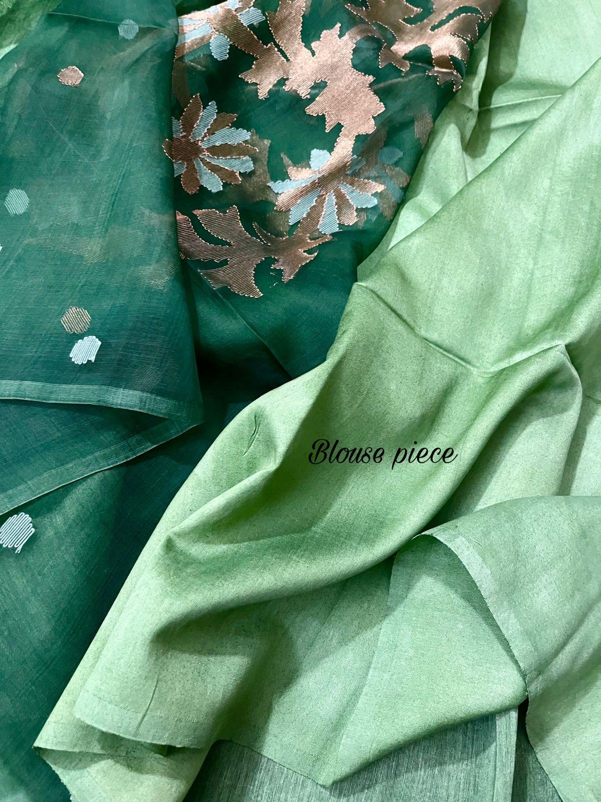 Green silk linen handwoven jamdani saree - Tamal Boutique