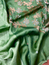 Green silk linen handwoven jamdani saree - Tamal Boutique