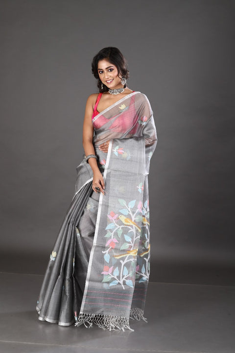 Grey with multi colour floral & birds motifs muslin silk handwoven jamdani saree