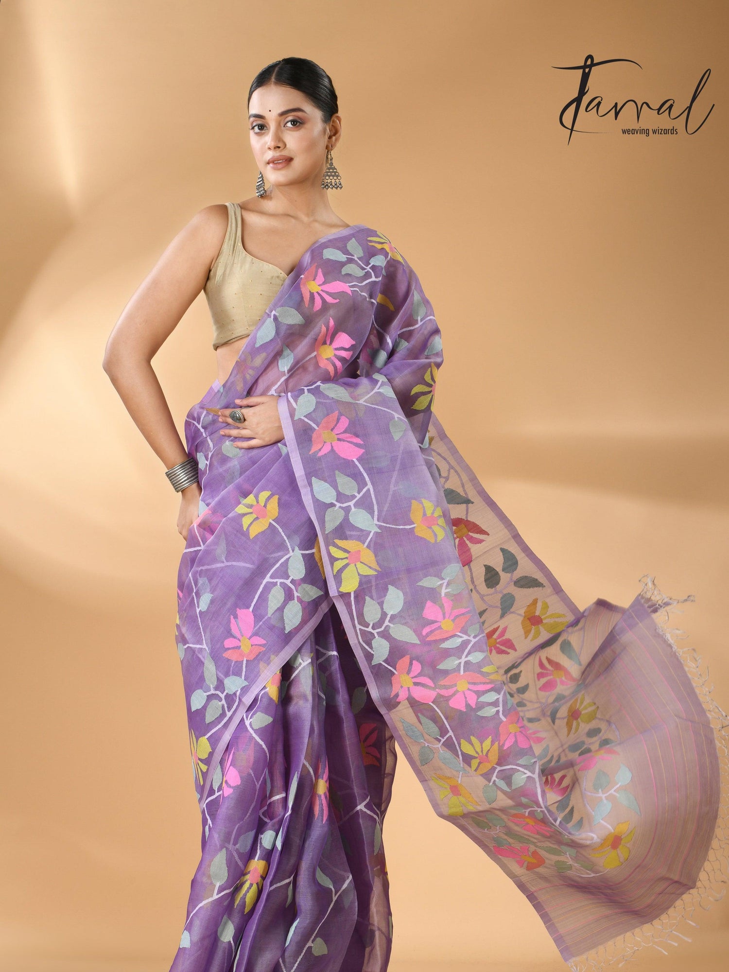 Lavender with multicolour muslin silk allover floral handwoven needle work  jamdani saree - Tamal Boutique