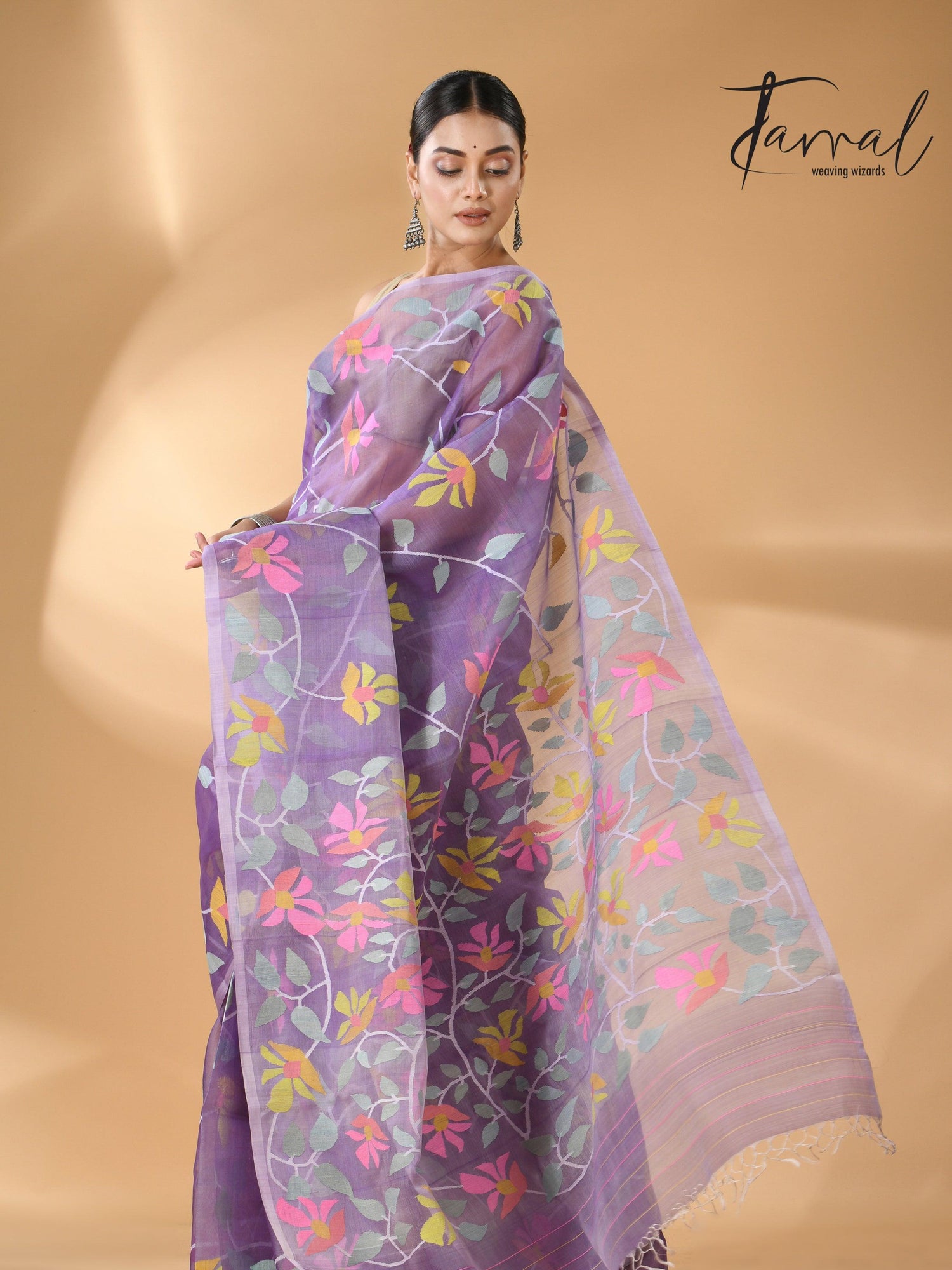Lavender with multicolour muslin silk allover floral handwoven needle work  jamdani saree - Tamal Boutique