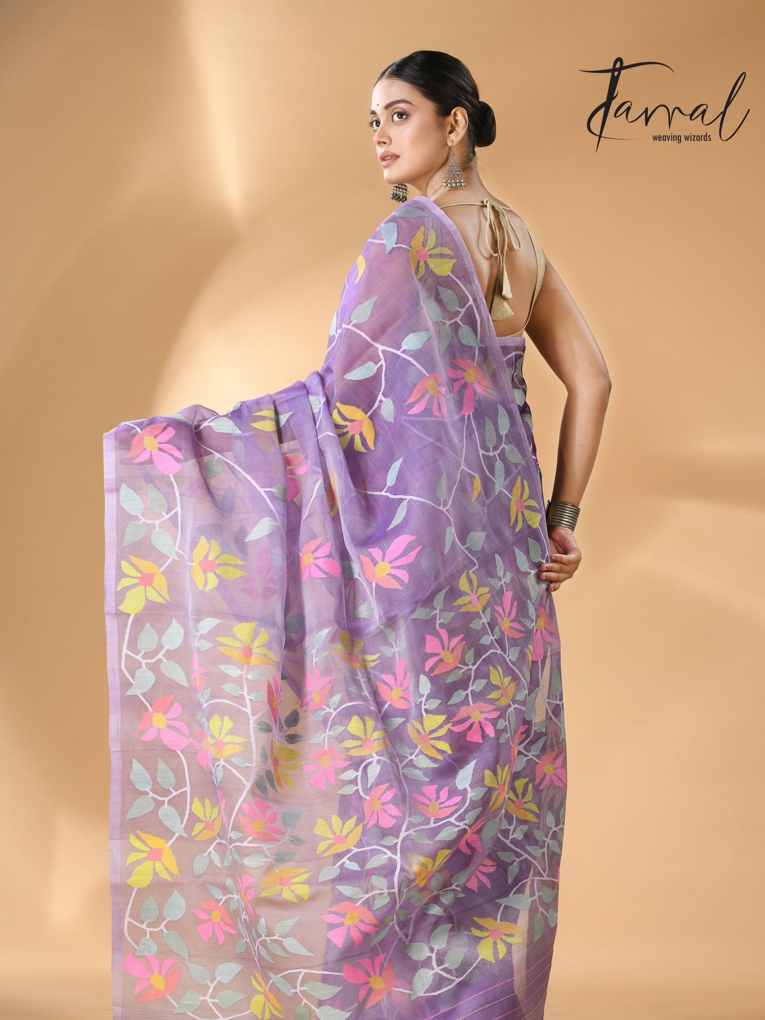 Lavender with multicolour muslin silk allover floral handwoven needle work  jamdani saree - Tamal Boutique