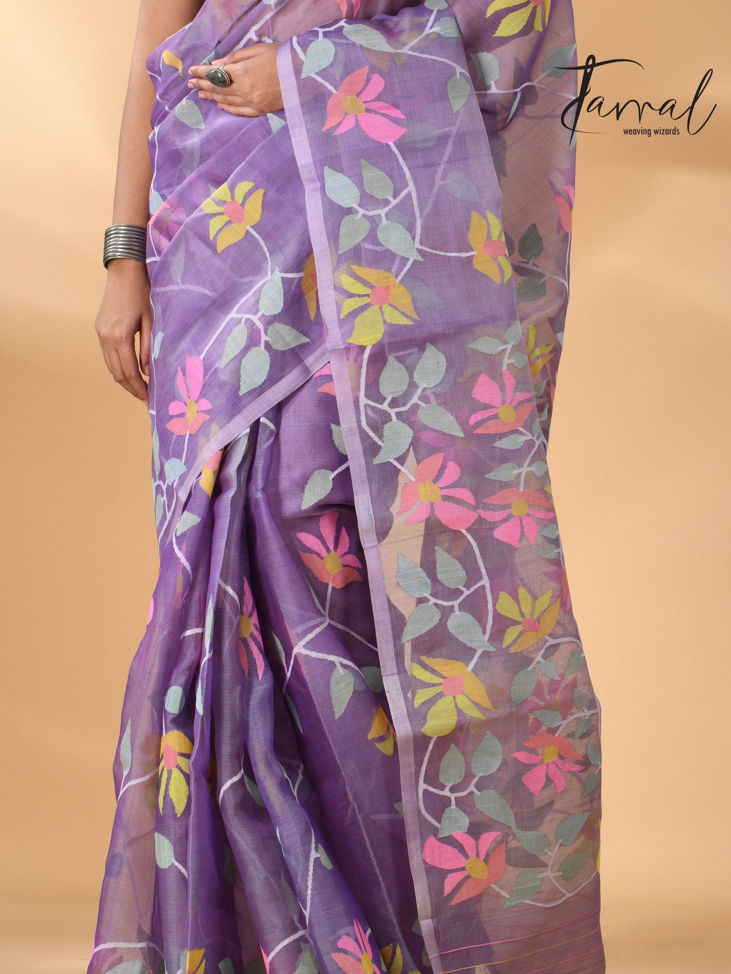 Lavender with multicolour muslin silk allover floral handwoven needle work  jamdani saree - Tamal Boutique
