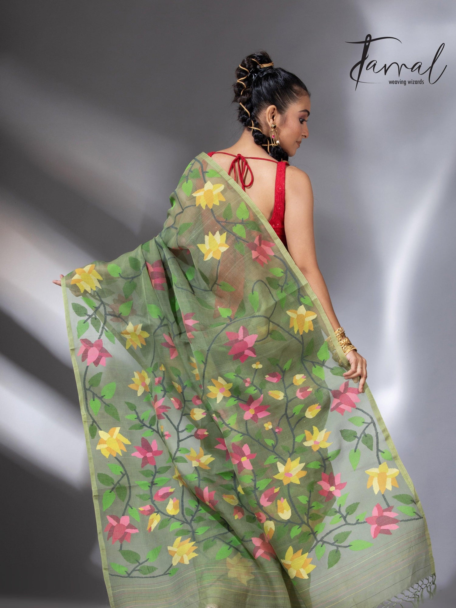 Mos green with multicolour 108 lotus motifs handwoven muslin silk jamdani saree - Tamal Boutique