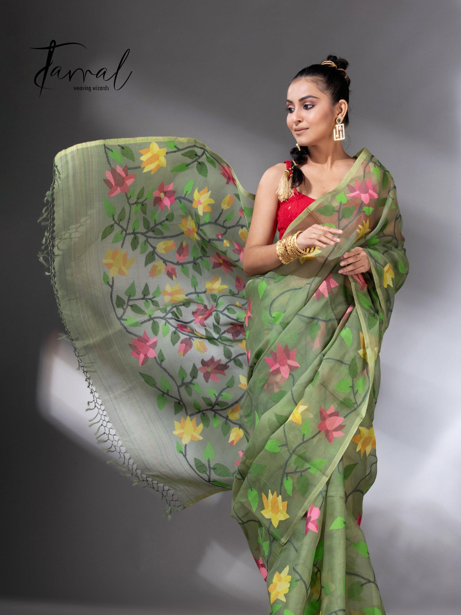 Mos green with multicolour 108 lotus motifs handwoven muslin silk jamdani saree - Tamal Boutique