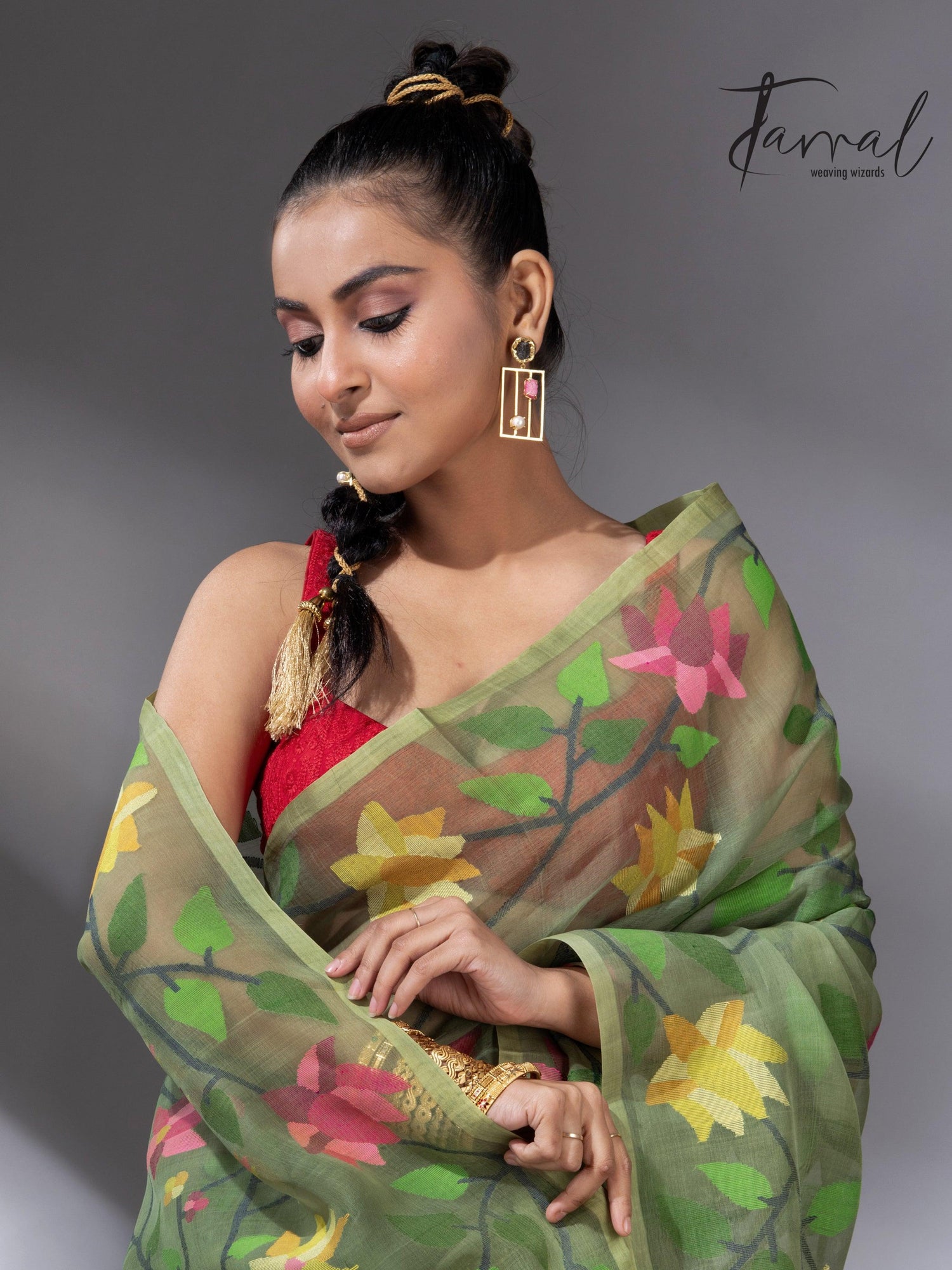 Mos green with multicolour 108 lotus motifs handwoven muslin silk jamdani saree - Tamal Boutique