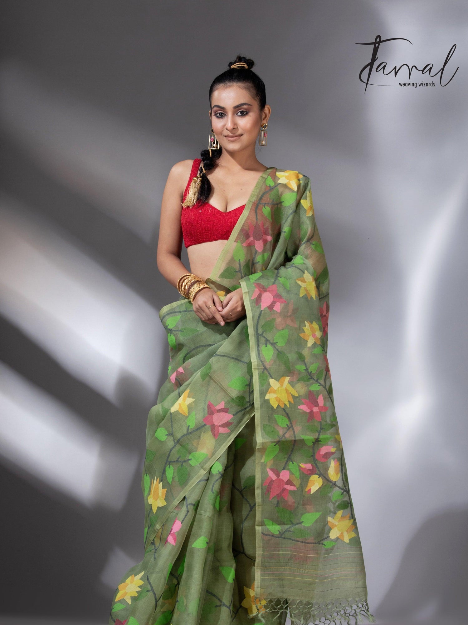Mos green with multicolour 108 lotus motifs handwoven muslin silk jamdani saree - Tamal Boutique