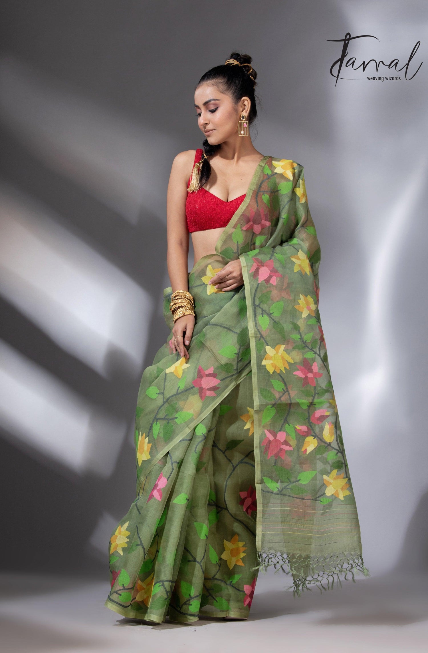 Mos green with multicolour 108 lotus motifs handwoven muslin silk jamdani saree - Tamal Boutique