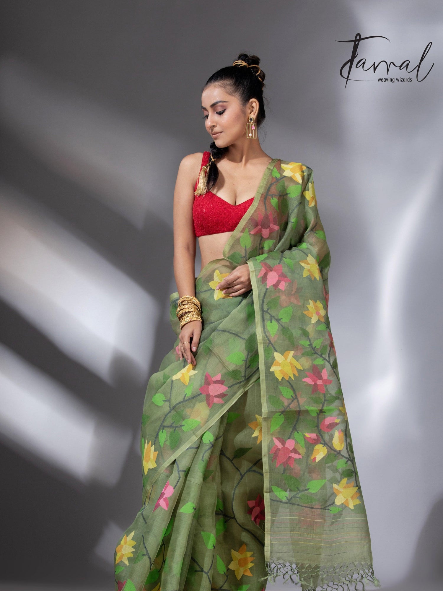 Mos green with multicolour 108 lotus motifs handwoven muslin silk jamdani saree - Tamal Boutique