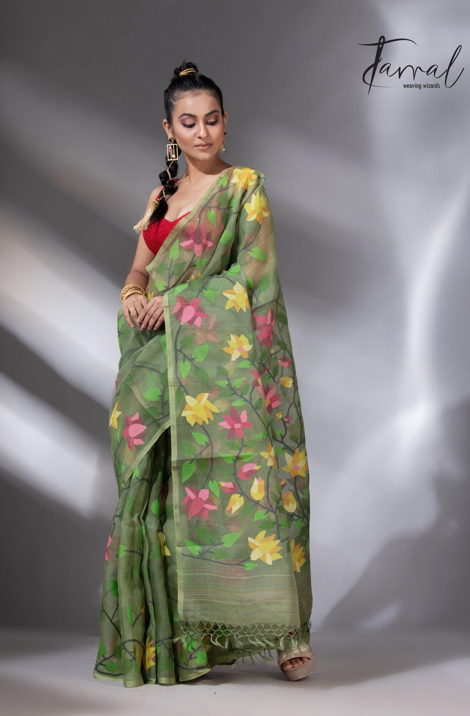 Mos green with multicolour 108 lotus motifs handwoven muslin silk jamdani saree - Tamal Boutique