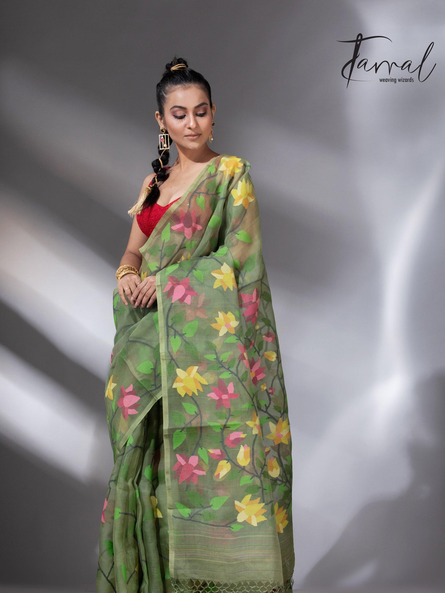 Mos green with multicolour 108 lotus motifs handwoven muslin silk jamdani saree - Tamal Boutique