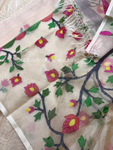 Off white with multi colour tree of life conceptual handwoven jamdani design in muslin silk saree - Tamal Boutique