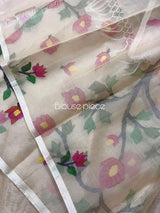 Off white with multi colour tree of life conceptual handwoven jamdani design in muslin silk saree - Tamal Boutique