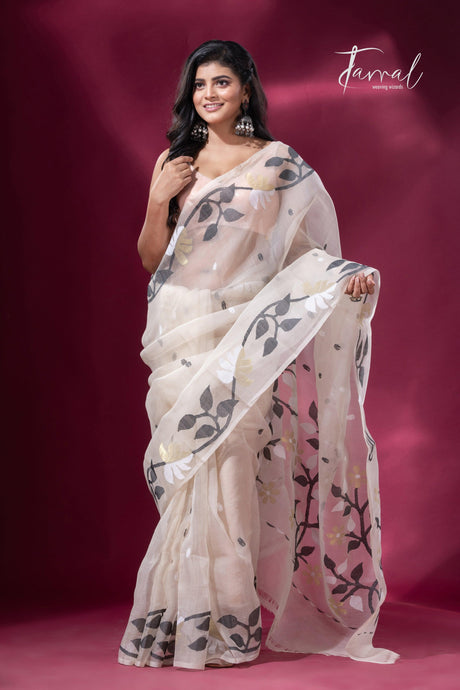 offwhite floral border muslin silk handwoven jamdani saree full3
