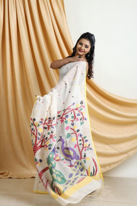 Offwhite with yellow border peacock zari linen handwoven jamdani saree - Tamal Boutique