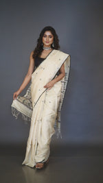 Light beige with black tussar silk handwoven jamdani sarees video