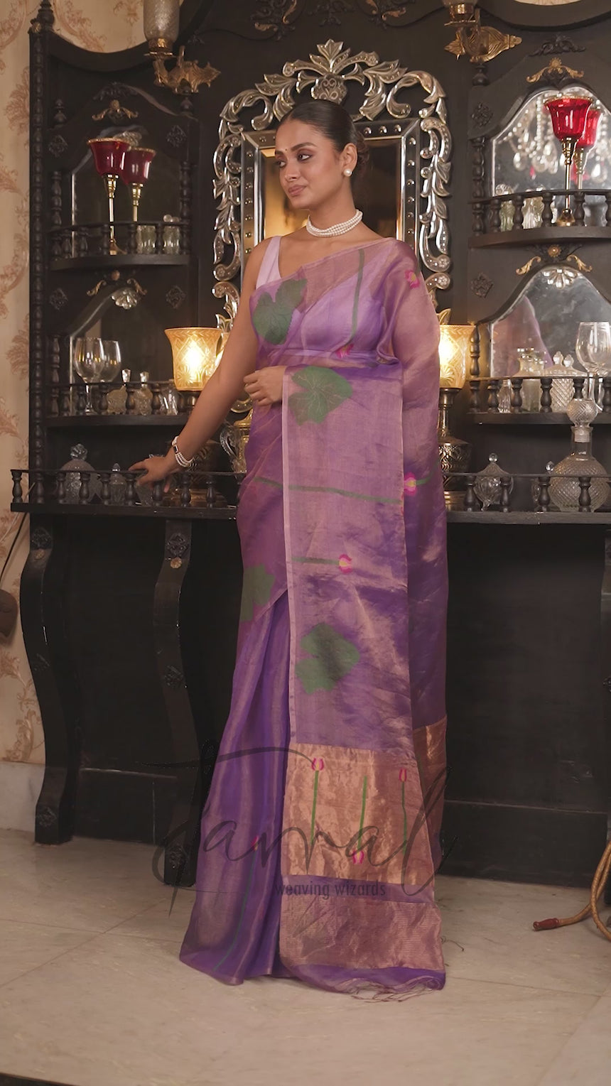 Golden Lavender Lotus Motifs Tissue Silk Handwoven Jamdani Saree