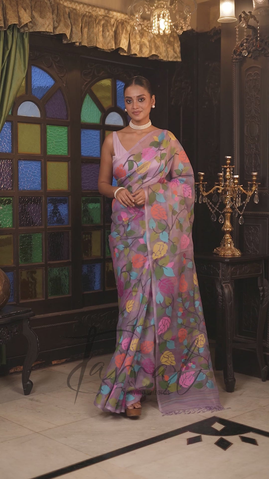 Lavender With Multicolour Colour Muslin Silk Handwoven Jamdani Saree