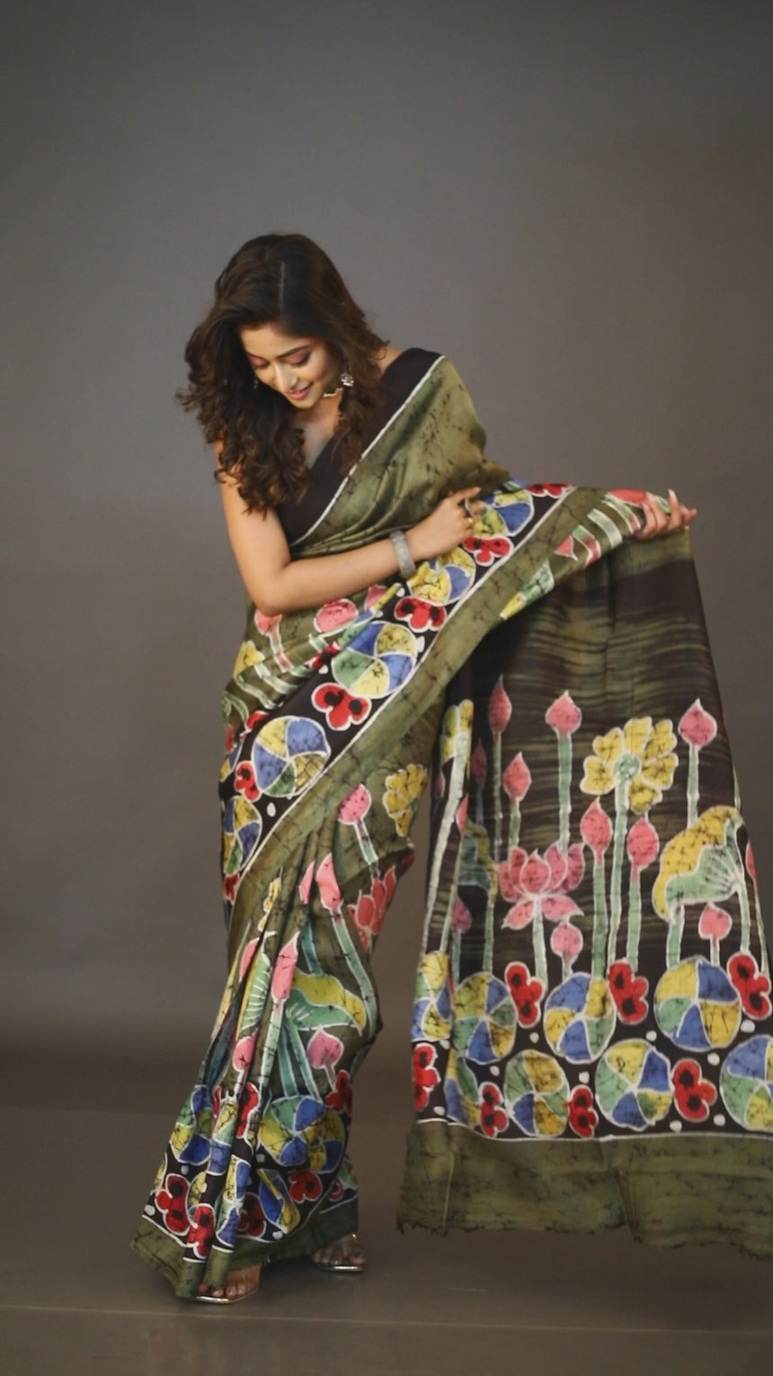 Moss green with multicolour lotus hand batik katan silk saree video