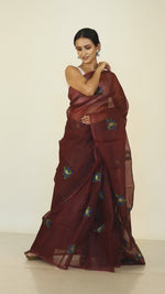Chocolate Brown Muslin Silk Jamdani Saree With Multicolor Lotus Motifs