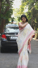White Saree Pink Border Handwoven Jamdani Multicolour Rose Motifs