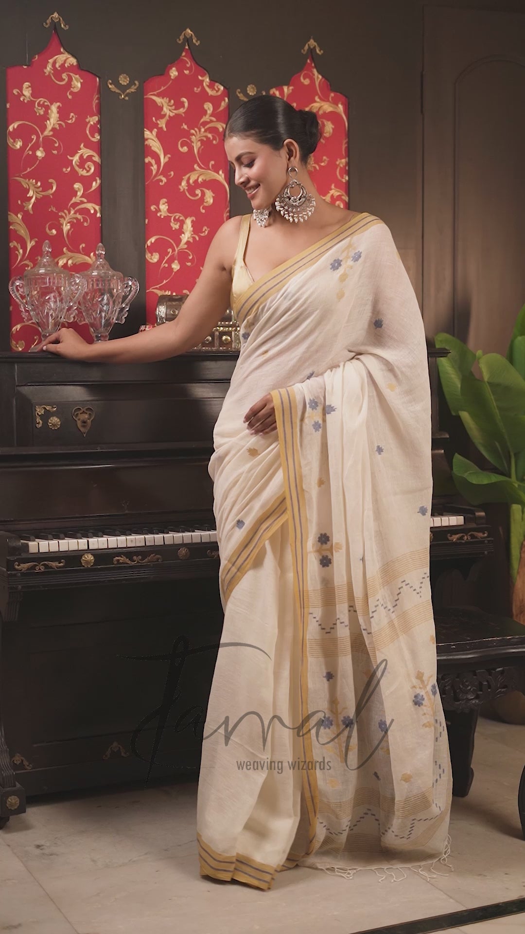 Offwhite With Yellow & Blue Linen Handwoven Jamadani Saree