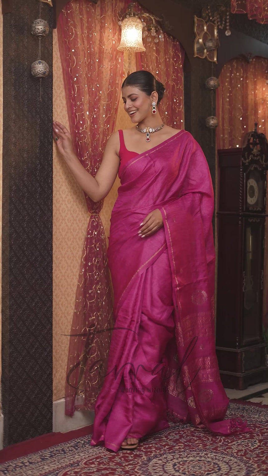 Hot Pink Colour Pure Tussar Silk Handwoven Jamdani Saree
