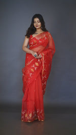 Red with golden border organza silk handwoven jamdani saree video