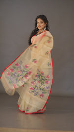 Cream with Red in motifs handwoven muslin silk jamdani saree video