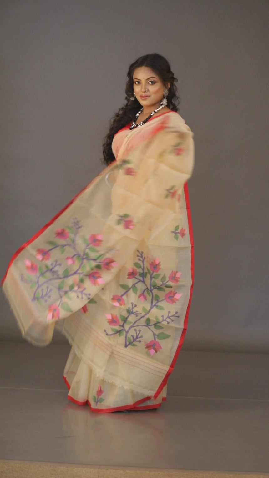 Cream with Red in motifs handwoven muslin silk jamdani saree video