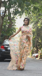 Peach Handwoven Muslin Silk Jamdani Saree Multicolour Floral Motifs