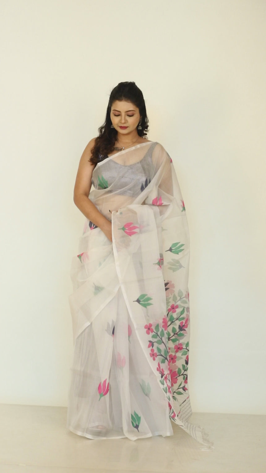 Offwhite with periwinkle floral handwoven muslin silk jamdani saree video