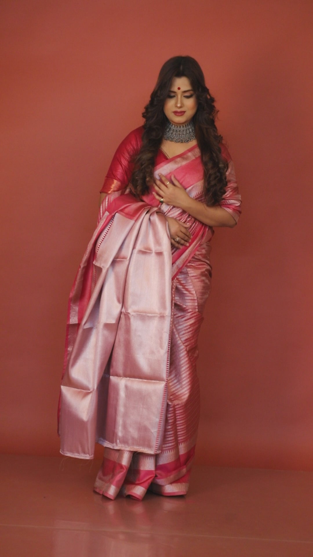 Rose pink with silver colour zari tissue banarasi silk saree video