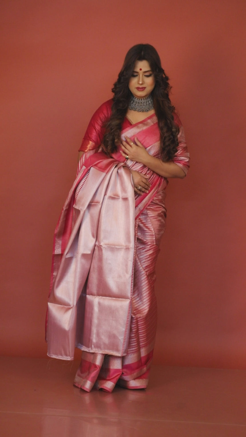 Rose pink with silver colour zari tissue banarasi silk saree video