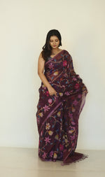 Deep Magenta Peacock floral handwoven muslin silk jamdani saree video
