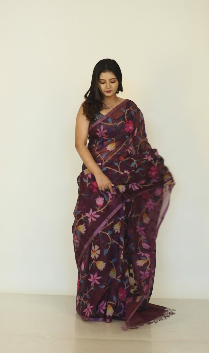 Deep Magenta Peacock floral handwoven muslin silk jamdani saree video