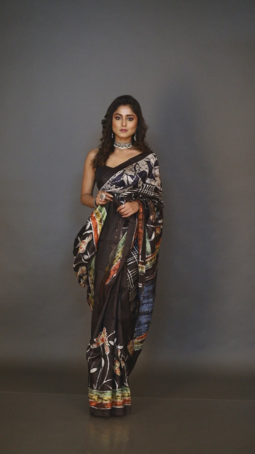 Black checks bird design hand batik in the katan silk saree video
