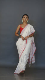 White With Red Border and Net Pallu Handwoven Jamdani Saree