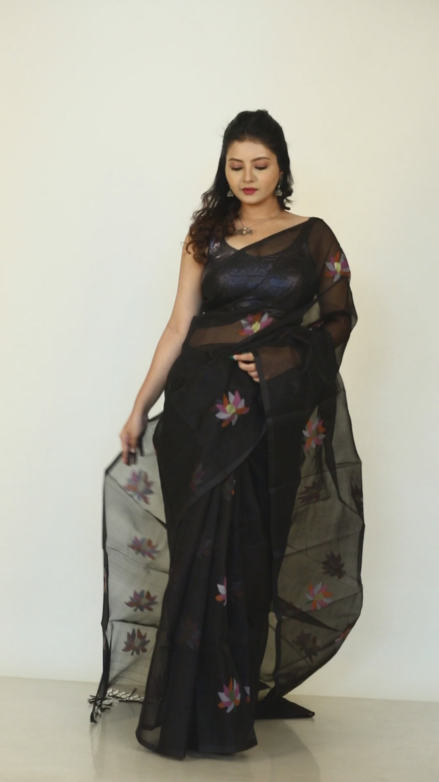 Black with multi colour lotus motifs handwoven jamadani silk saree video