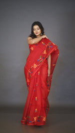 Red with multi colour muslin silk handwoven in jamdani saree video