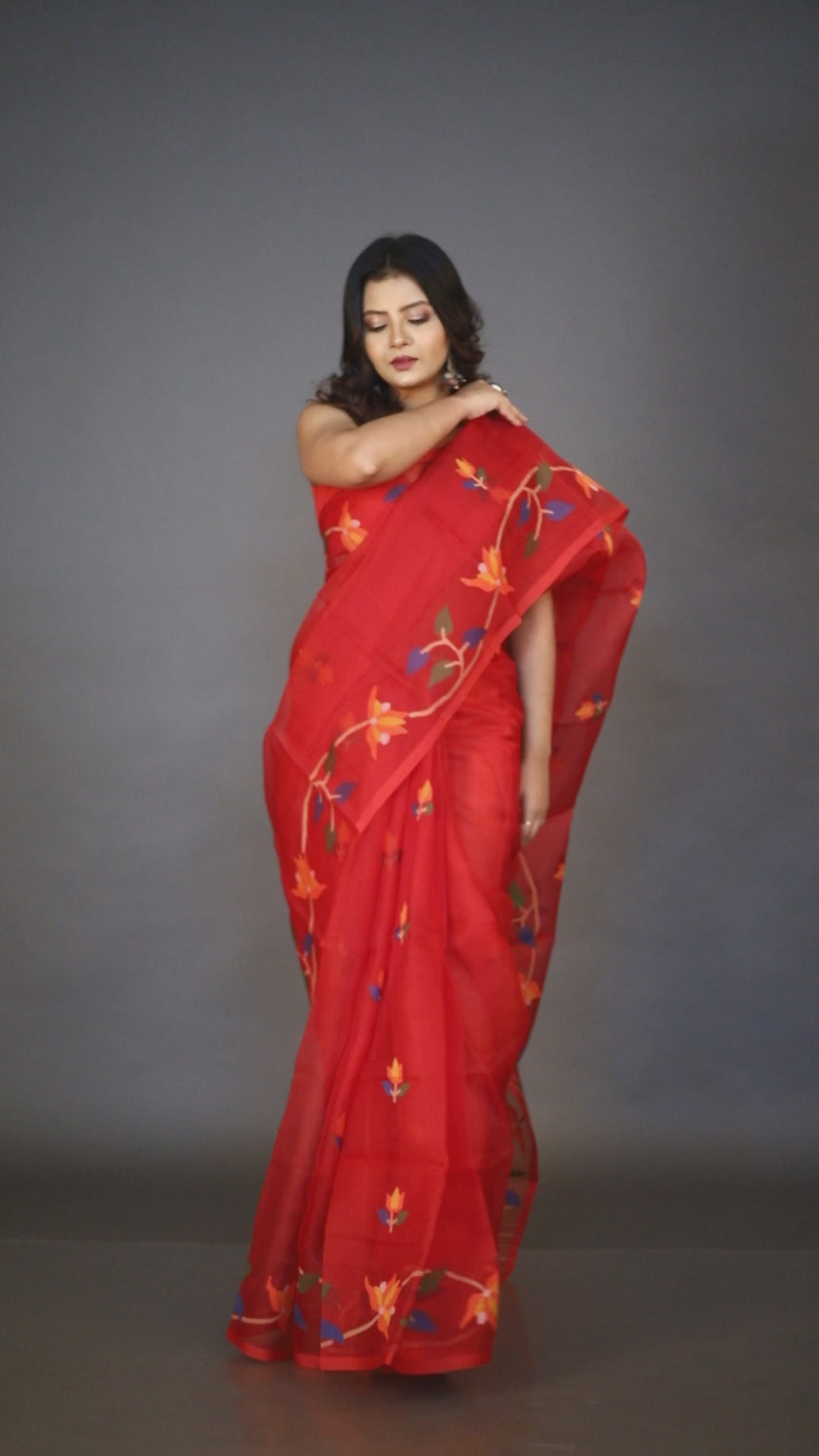 Red with multi colour muslin silk handwoven in jamdani saree video