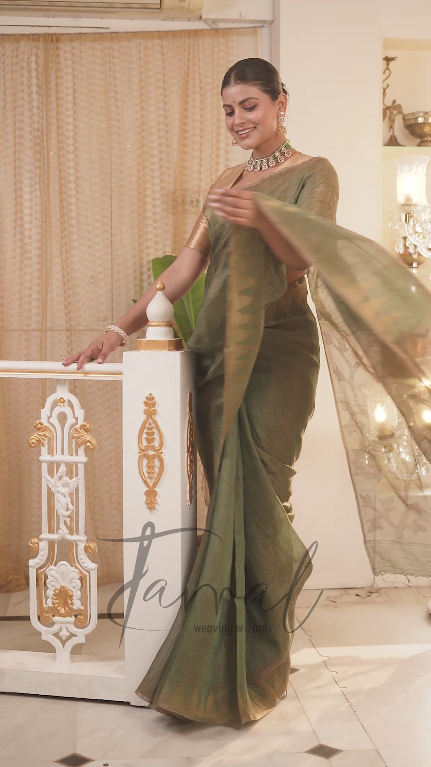 Bottle Green With Golden Border Tissue Linen Handwoven Jamdani Saree