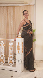 Black With Golden Zari Border Silk Linen Handwoven Jamdani Saree