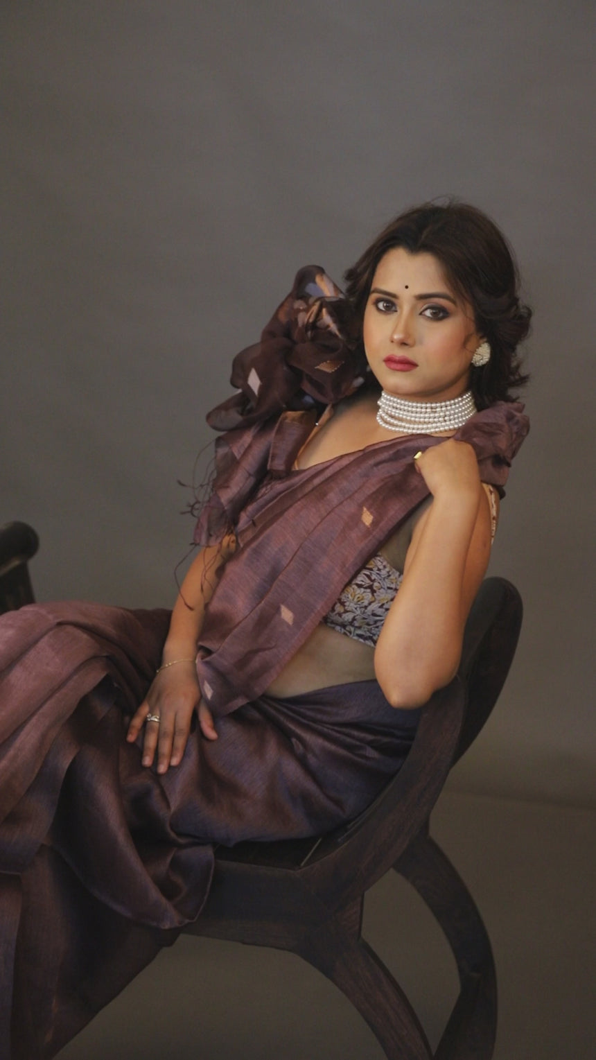 Brown Lavender silk linen handwoven jamdani saree